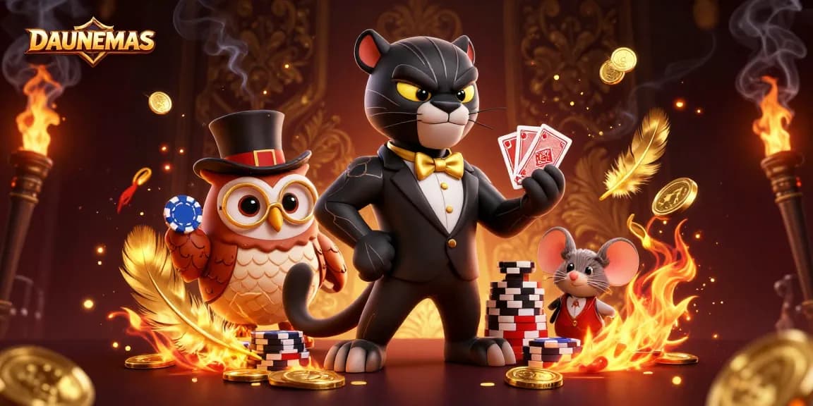 Engage with DAUNEMAS in a vibrant casino scene featuring a panther, owl, and mouse.