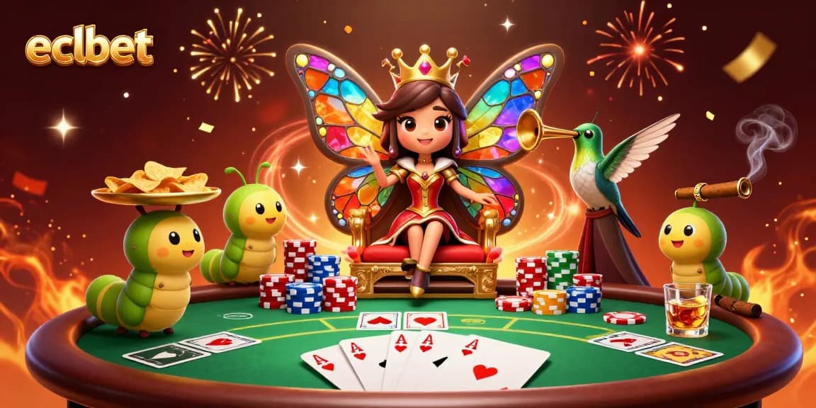 ECLBet's dynamic gaming scene featuring a butterfly queen with poker elements exuding winning excitement.