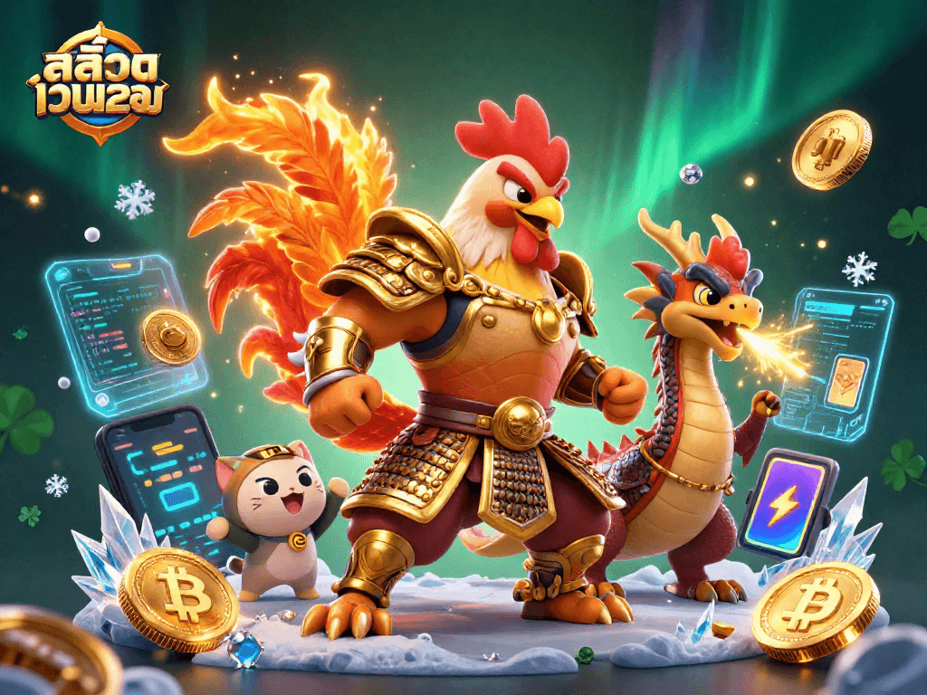 Engage with สล็อตเว็บตรง featuring a warrior rooster, dragon, and fortune cat in a vibrant 3D casino scene.