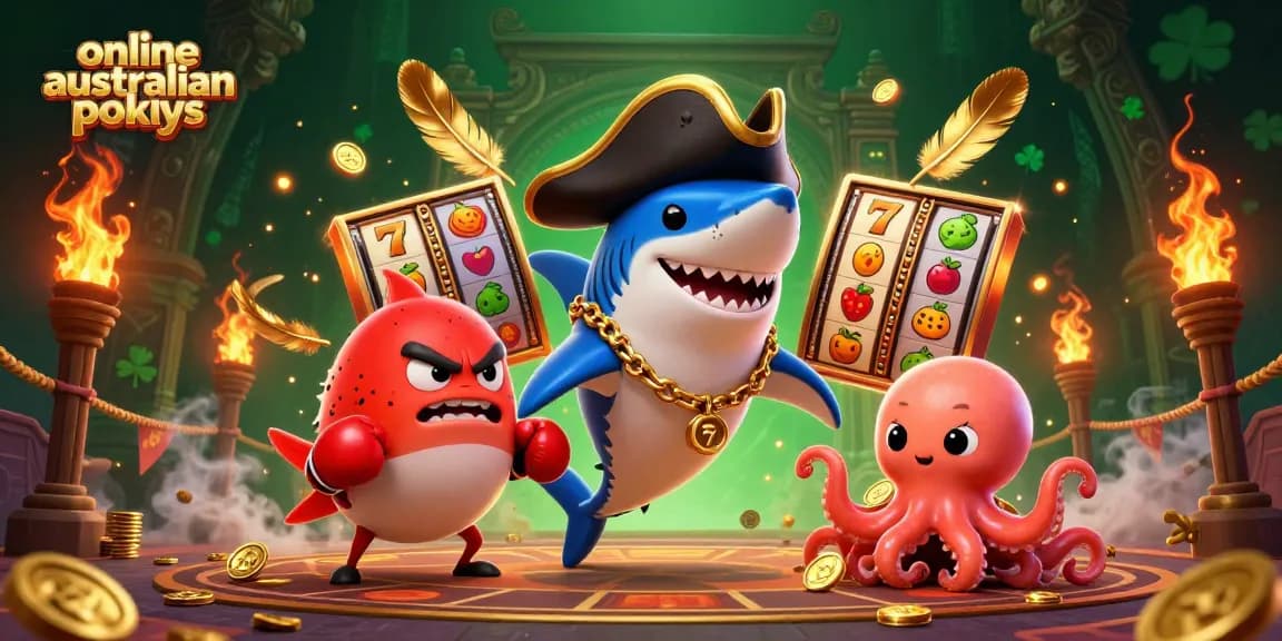 Engage in online australian pokies with vibrant characters and casino elements in a dynamic illustration.