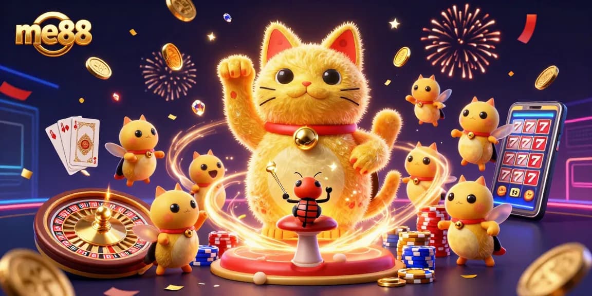 Catch the excitement with me88's lively casino scene featuring a lucky cat and vibrant gaming elements.
