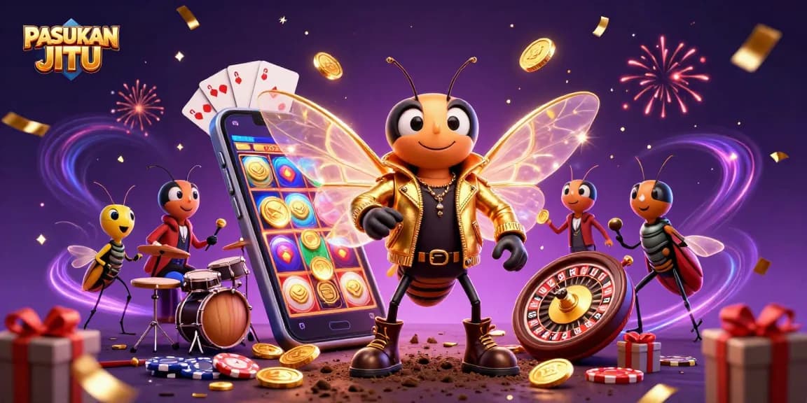 Experience PASUKAN JITU with vibrant slot games and animated characters in a lively casino scene.