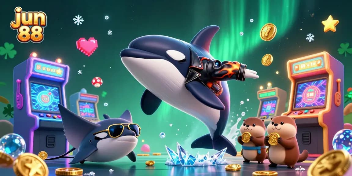 Experience the excitement of jun 88 with vibrant casino-themed 3D illustration featuring aquatic characters and gaming elements.