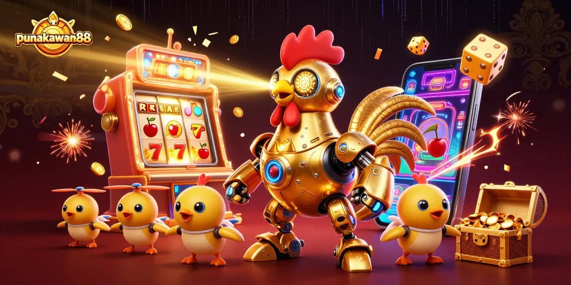 Punakawan88 showcases a thrilling 3D casino experience with a golden rooster robot and playful chick drones.