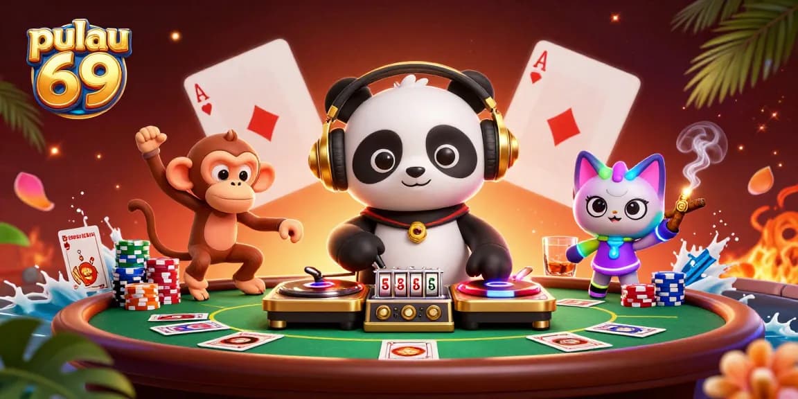Pulau 69 presents a vibrant 3D scene with a DJ panda, breakdancing monkey, and glowing kitten surrounded by casino elements.