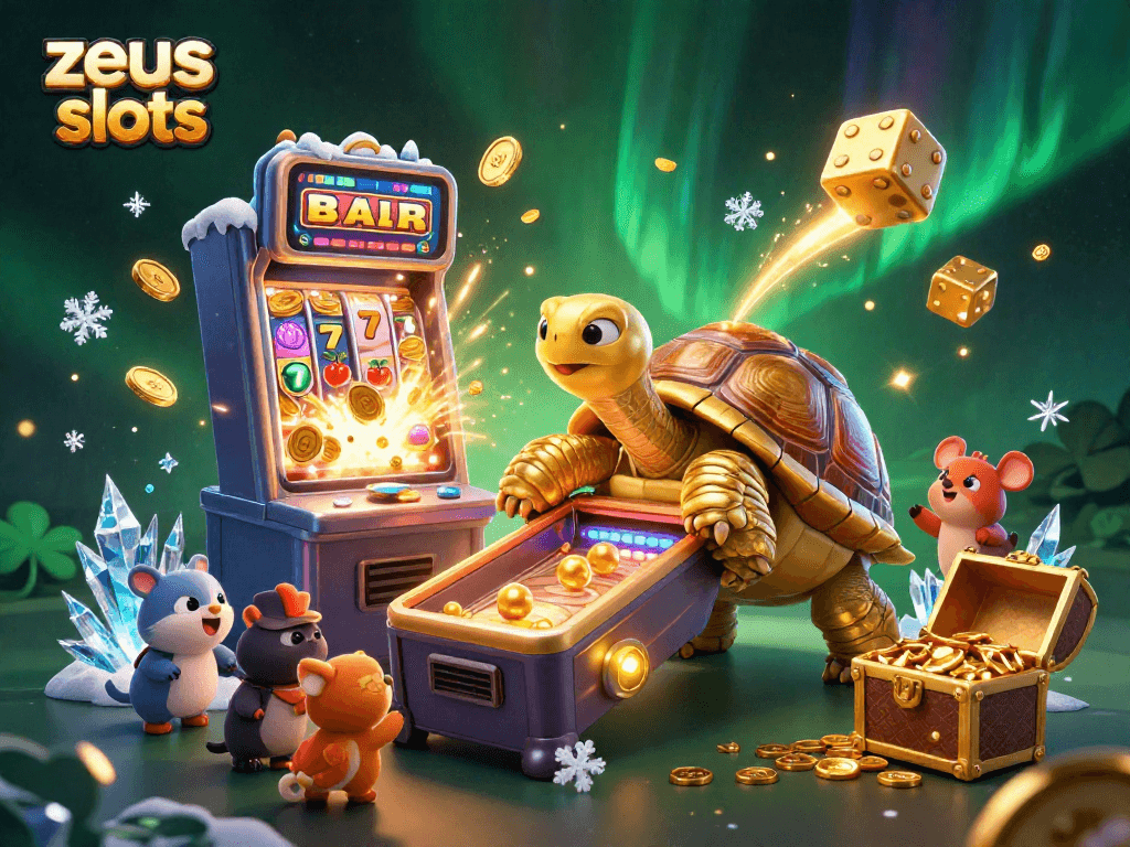 Engage in zeus slots with colossal golden tortoise, jackpot explosions, and vibrant game elements.