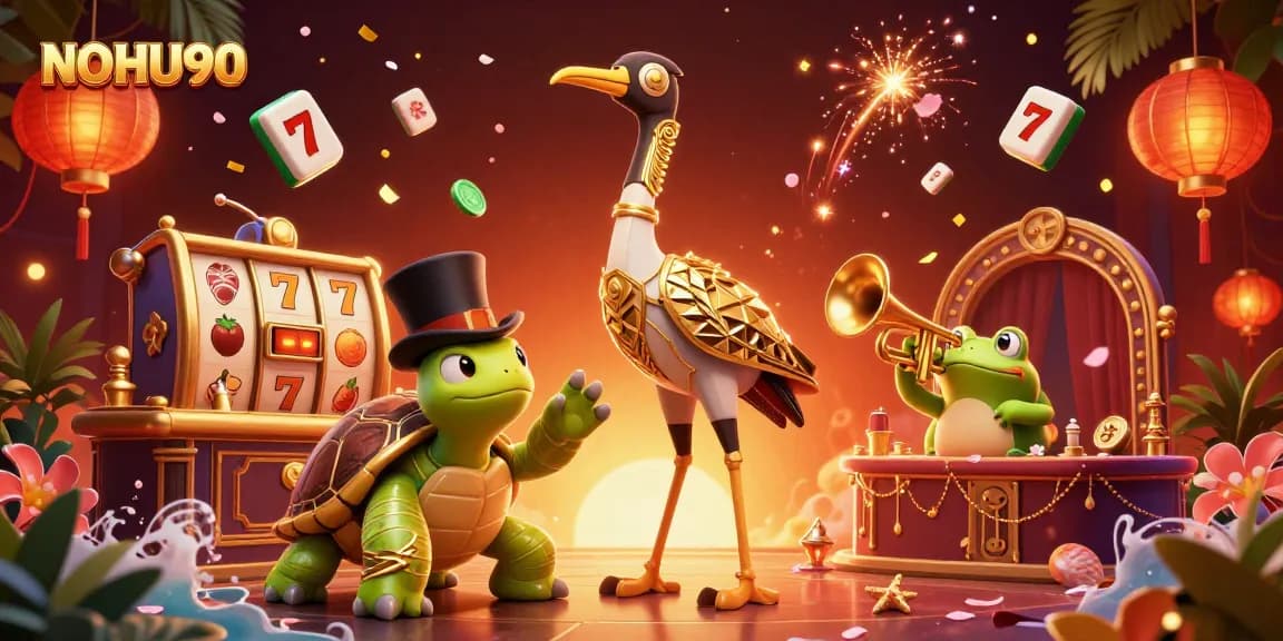 Experience excitement with NOHU90 as the 3D characters play in a vibrant casino setting, surrounded by slots and festive elements.