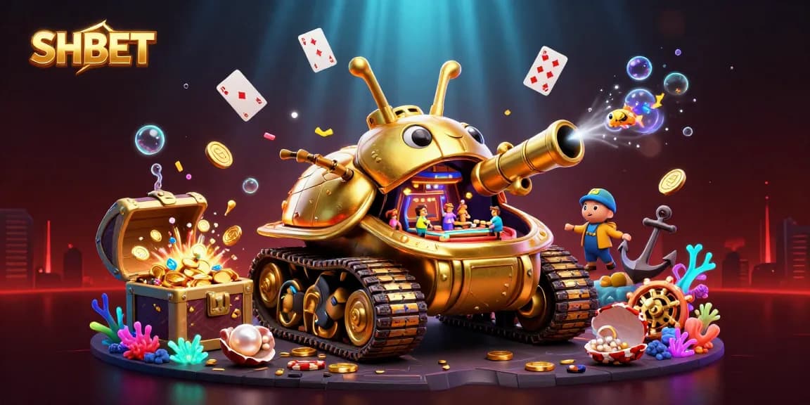 Engage with the vibrant SHBET casino experience featuring a 3D golden tank revealing a miniature casino.