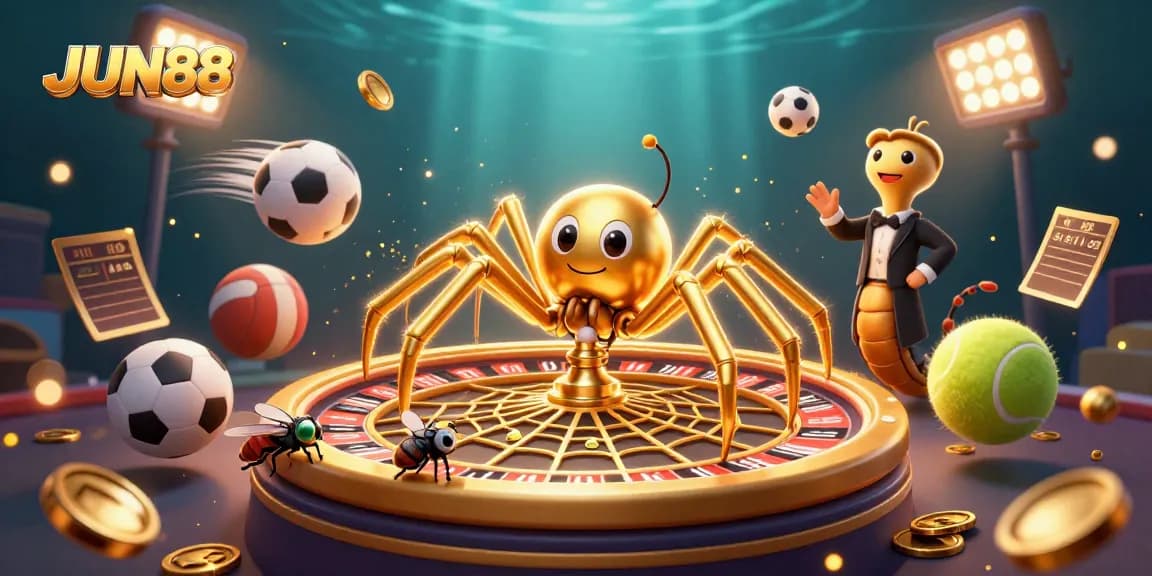 Engage in thrilling betting action at JUN88, with a vibrant casino scene featuring a roulette-wielding spider and a dynamic croupier.