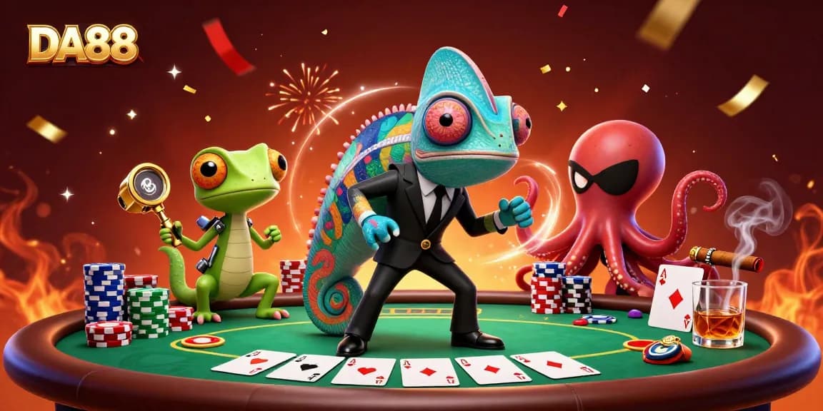 DA88 animated scene showcasing a secret agent chameleon and poker elements.