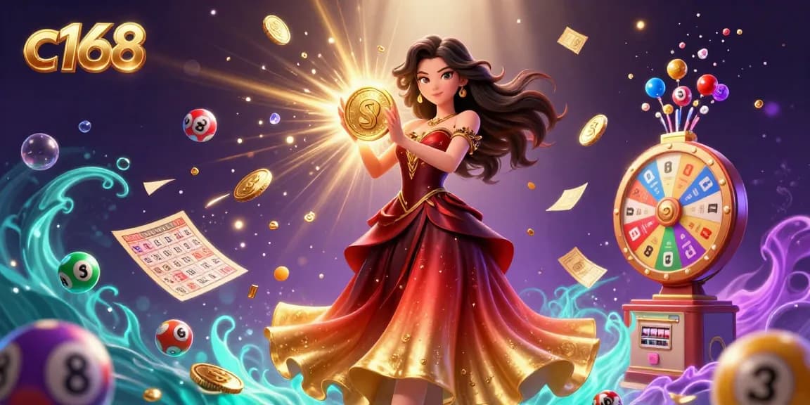 Engage with the exciting world of c168's lottery experience featuring vibrant balls and a dazzling golden centerpiece.