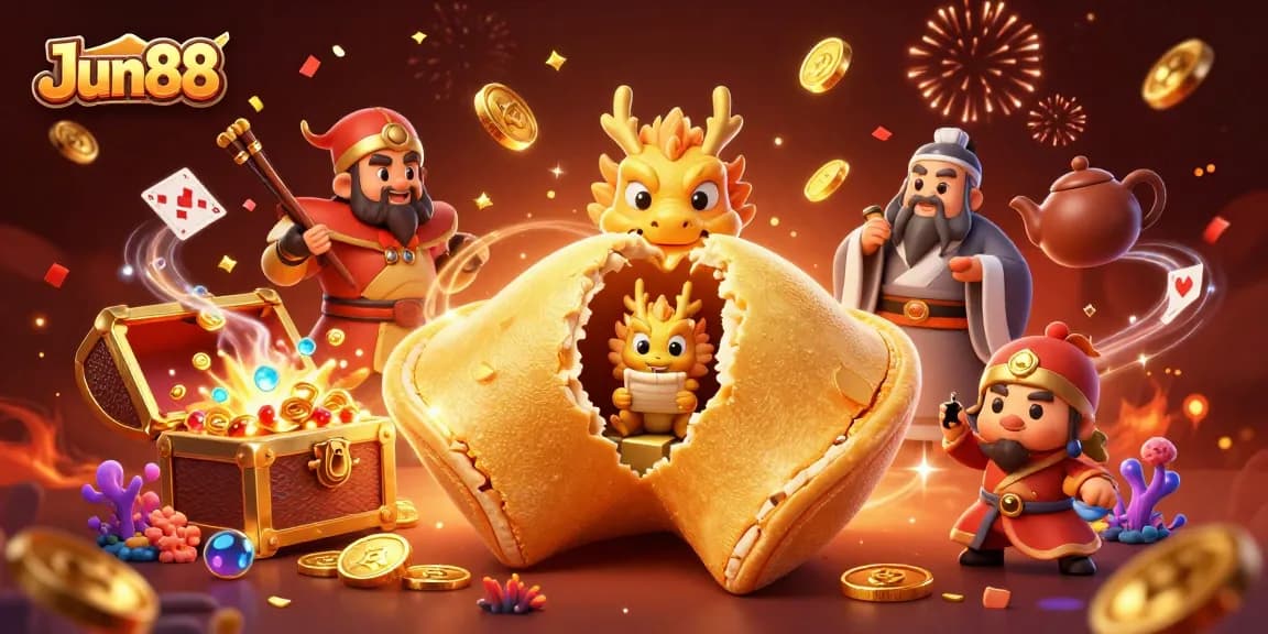 Enhance your gaming experience with the Jun88 online casino's vibrant fortune cookie and dragon illustration, featuring rich gaming elements.