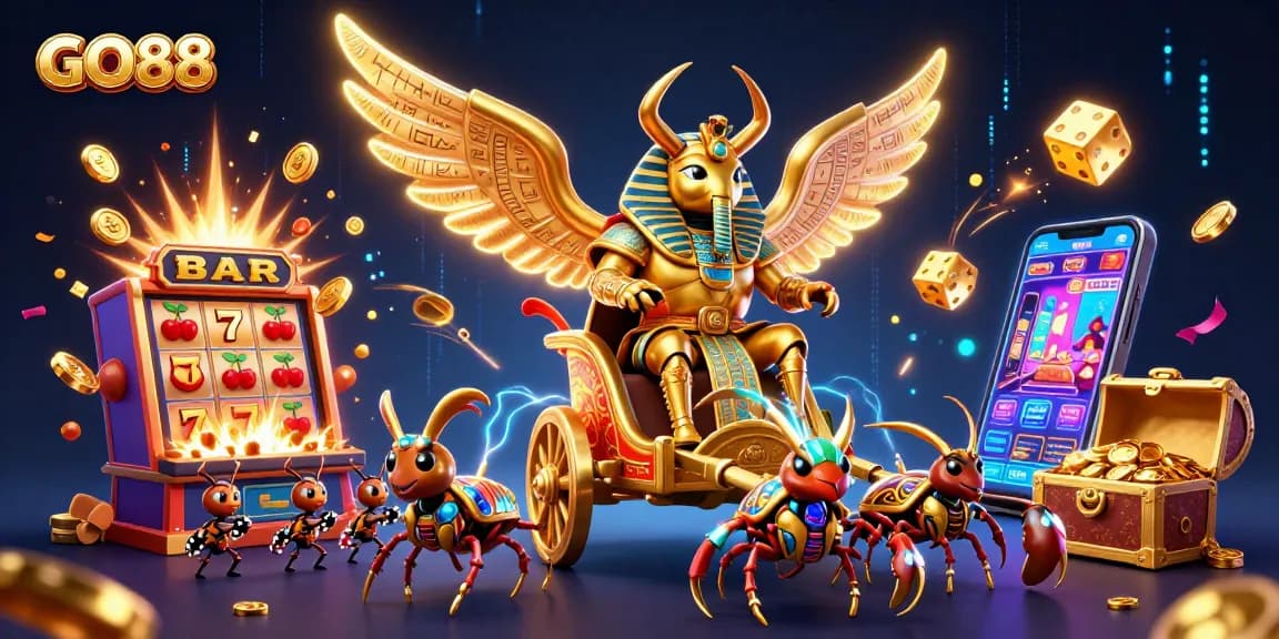 Engage with GO88's thrilling slot experience featuring an enchanting golden scarab and dynamic casino elements.