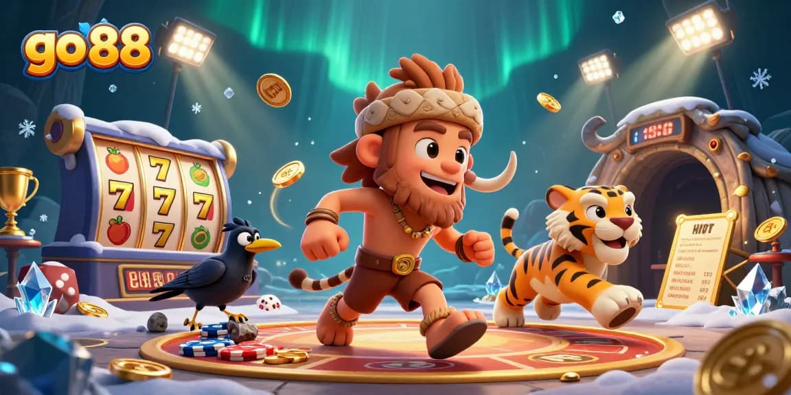 Engage with go 88 at a vibrant prehistoric casino, featuring dynamic gaming elements and lively characters.