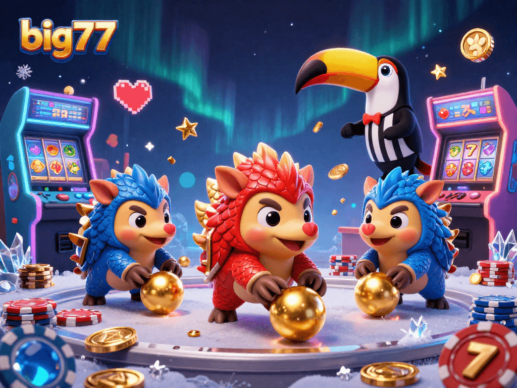 Engage in the excitement of big777 with rival pangolins playing dynamic slots amidst vibrant casino elements.