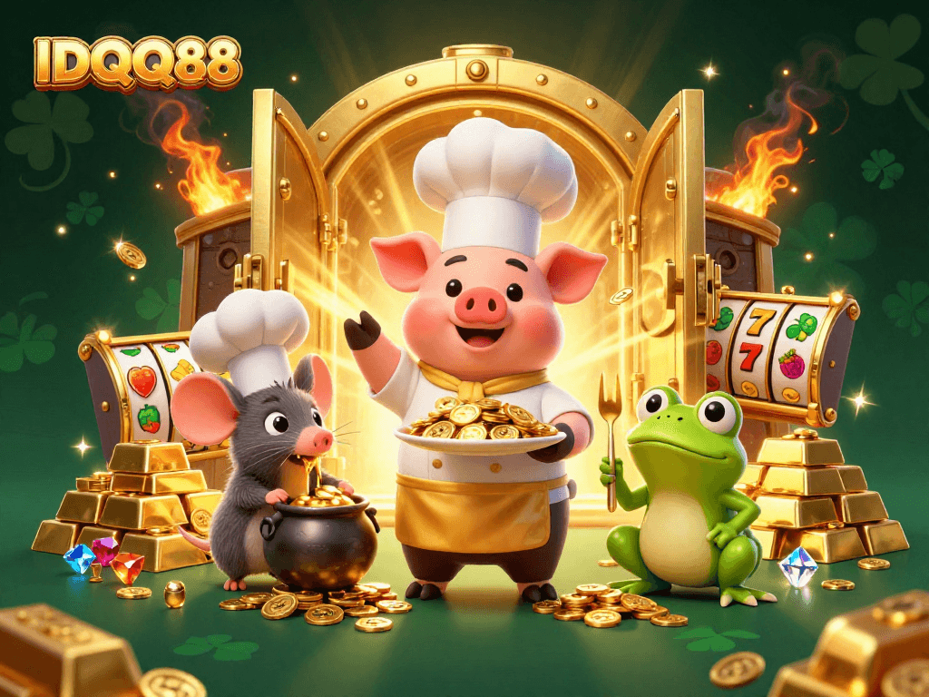 Experience thrills at IDQQ88 with vibrant casino elements, gourmet gold, and luck!