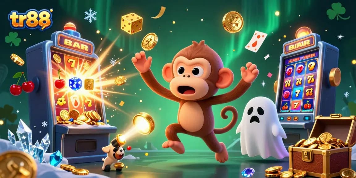 Engage in thrilling gameplay with tr88 at a vibrant haunted casino featuring a mischievous monkey and a curious puppy.