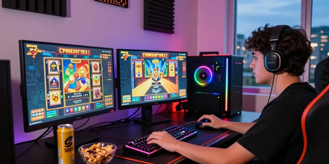 Excited player engaging in bandar slot resmi at vibrant gaming setup with multiple monitors.