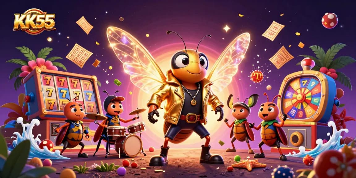 Engage with KK55 as a lively cicada rock star captivates in a casino atmosphere.