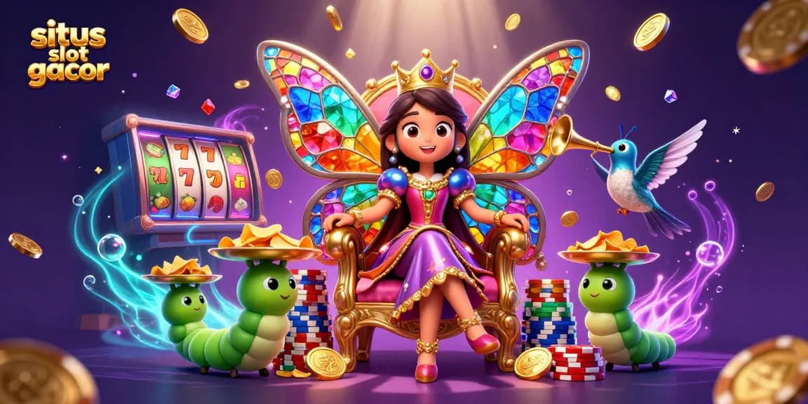 Engage with situs slot gacor in vibrant 3D slot illustration featuring a butterfly queen and exciting game elements.