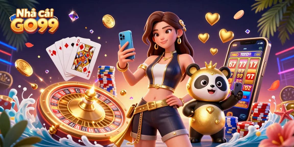 Play exciting casino games with Nhà cái GO99 while interacting with a golden panda and vibrant gold elements.