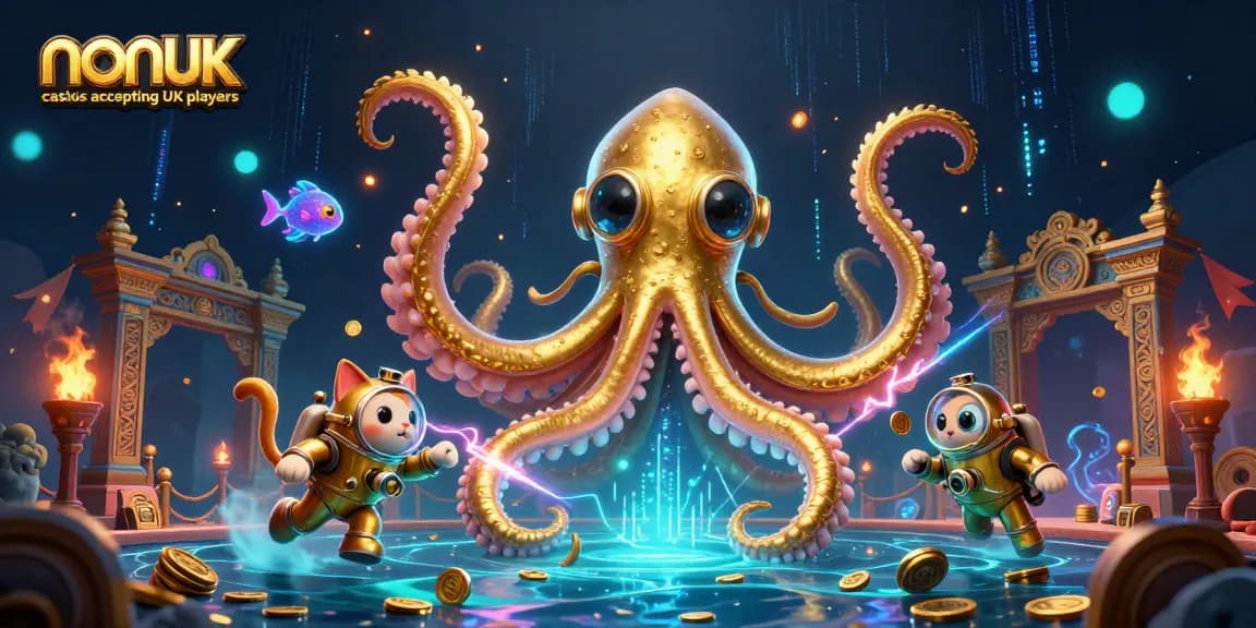 Explore non UK casinos accepting UK players featuring an intricate 3D scene with a kraken, diving cat, and glowing fish.