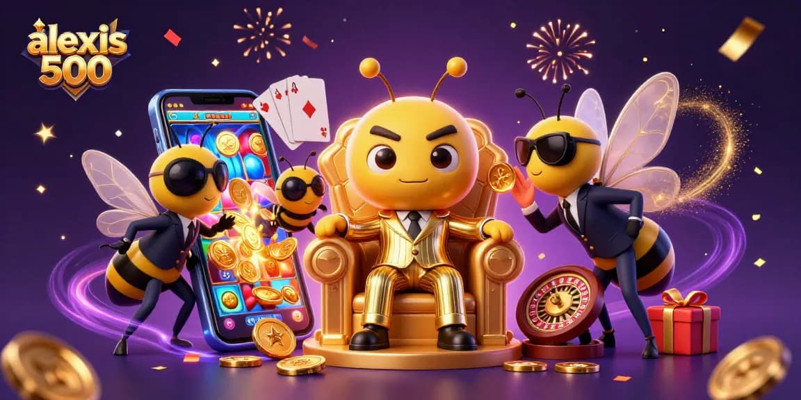 Engaging 3D visual of alexis 500 featuring a cartoon bumblebee mob boss amidst dynamic casino elements.