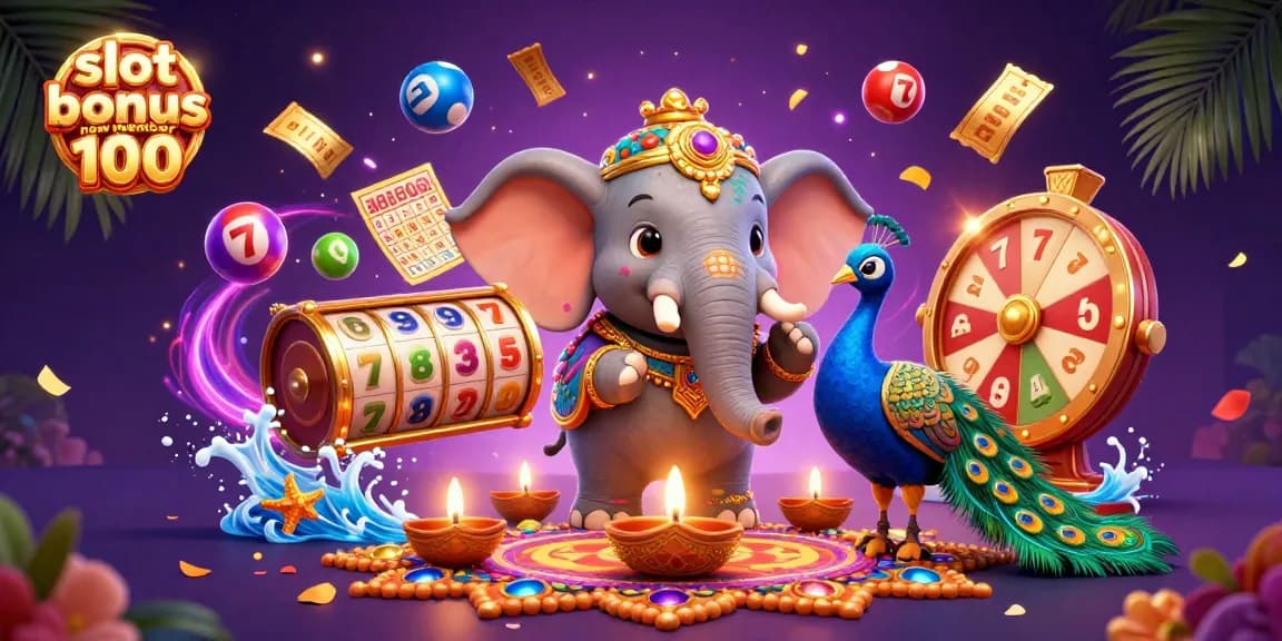 Experience the excitement of the slot bonus new member 100 with a vibrant illustration featuring winning symbols and dynamic game elements.