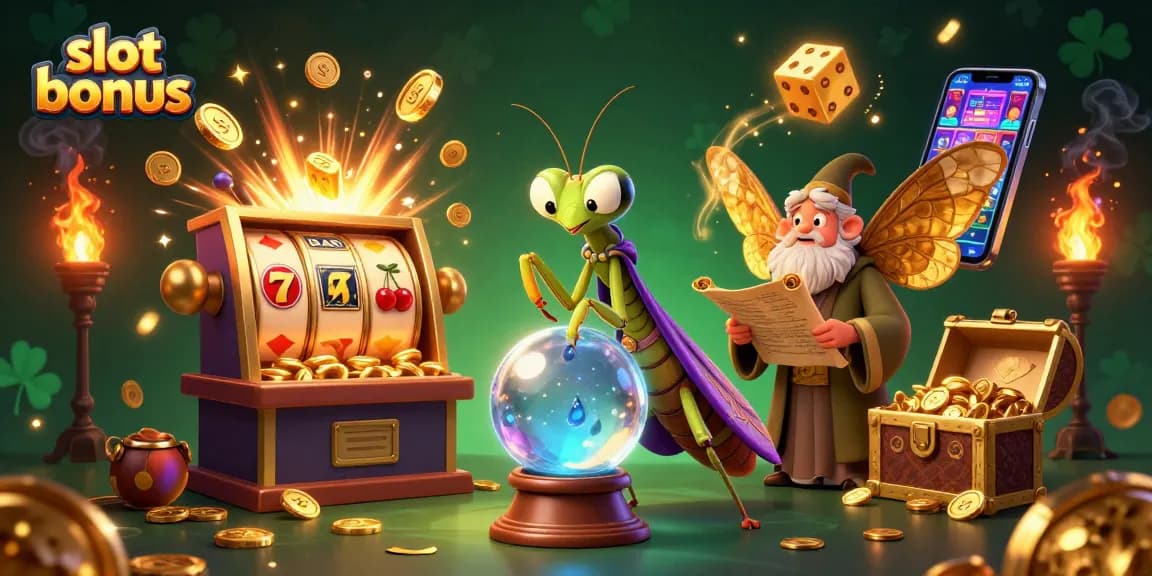 Experience the thrill of slot bonuses with an engaging illustration depicting fortune tellers and slot machines.