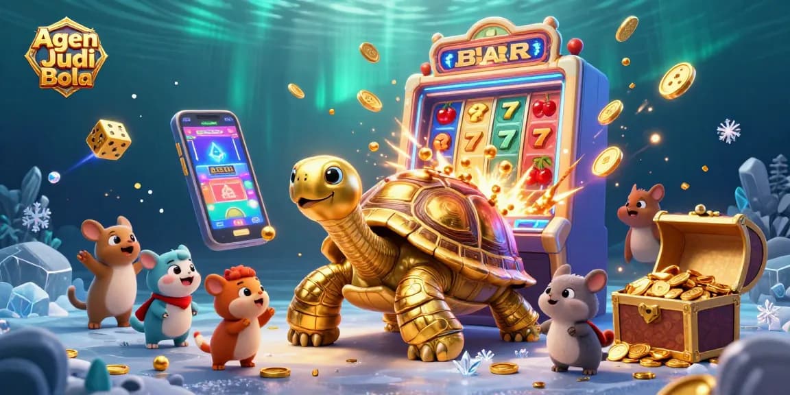 Experience exciting gameplay at Agen Judi Bola with dynamic scenes featuring a golden tortoise pinball and casino elements.