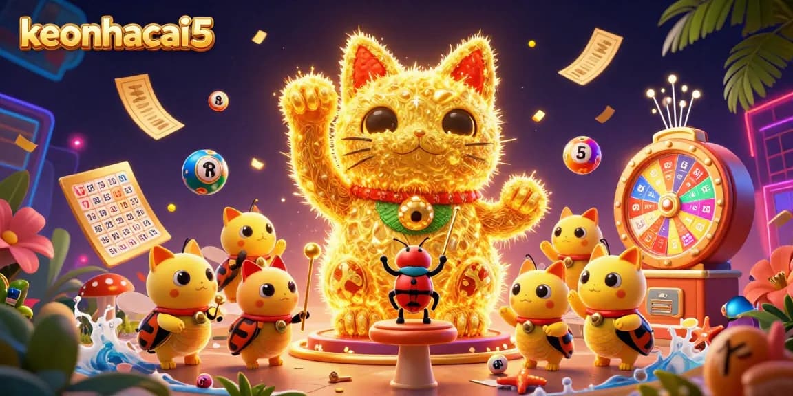 Engage with keonhacai5 as colorful lottery balls burst around a lucky cat and conductor beetle in a vibrant casino scene.