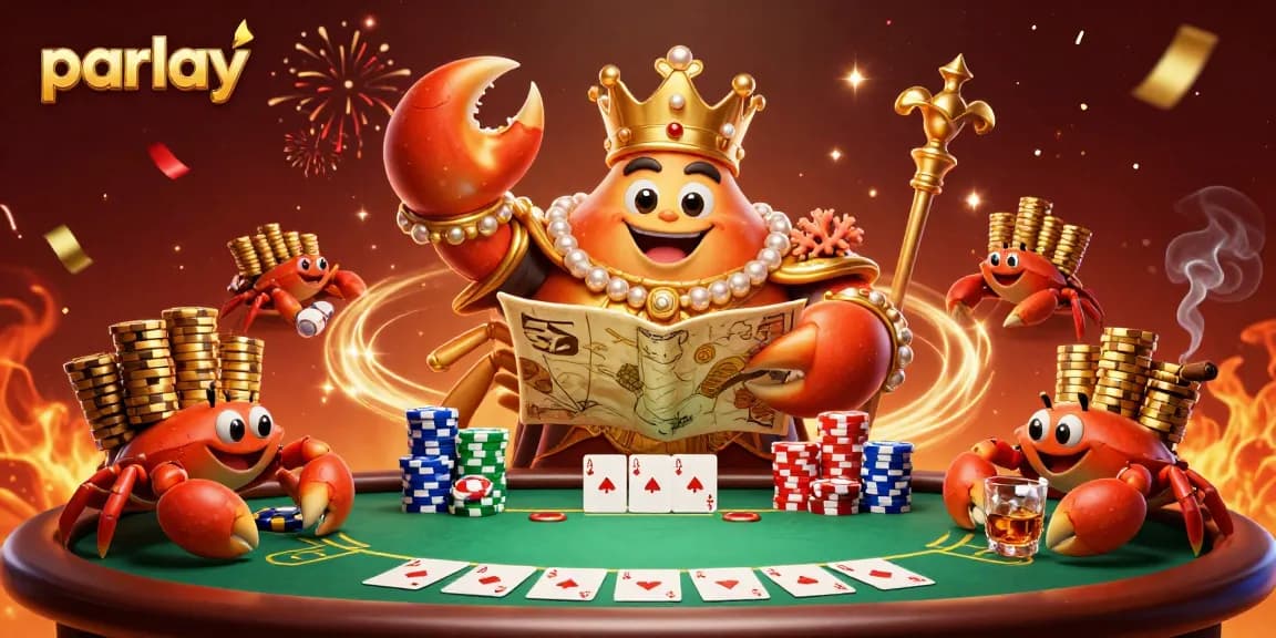 Engage in parlay betting with a vibrant casino scene featuring a golden crab emperor and poker elements.
