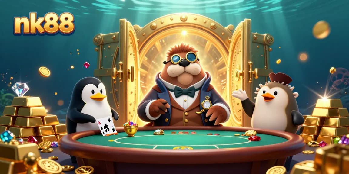 Engage with thrilling poker at nk88 featuring a walrus, penguin dealer, and bluffing pufferfish.