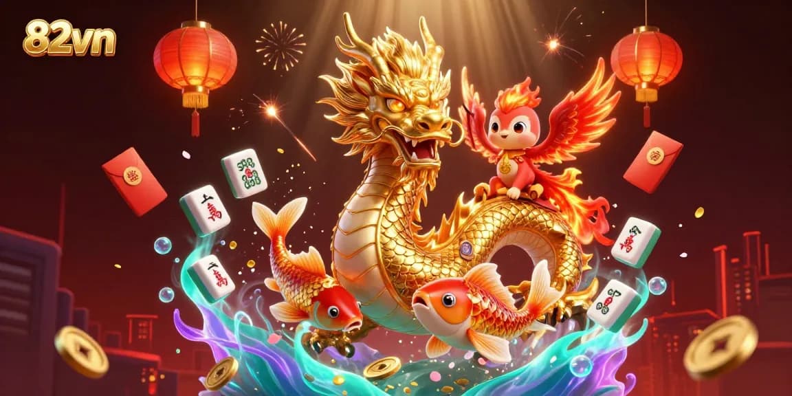 Engage with the dynamic scenes of 82vn featuring a golden dragon and koi fish amidst casino elements.