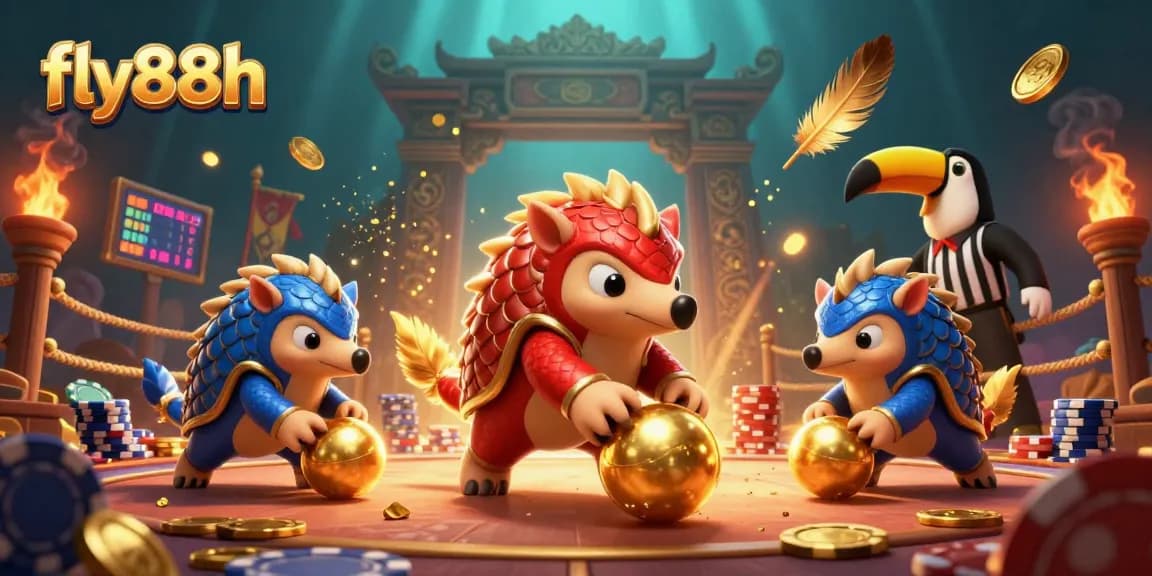 Engage in thrilling gameplay at fly88h with pangolins playing among poker chips, golden confetti, and festive elements.