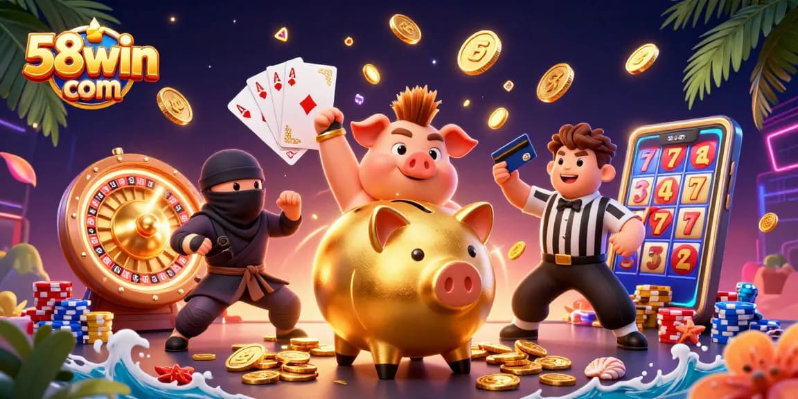 Experience the excitement of 58win com with action-packed casino characters amid shimmering wealth.
