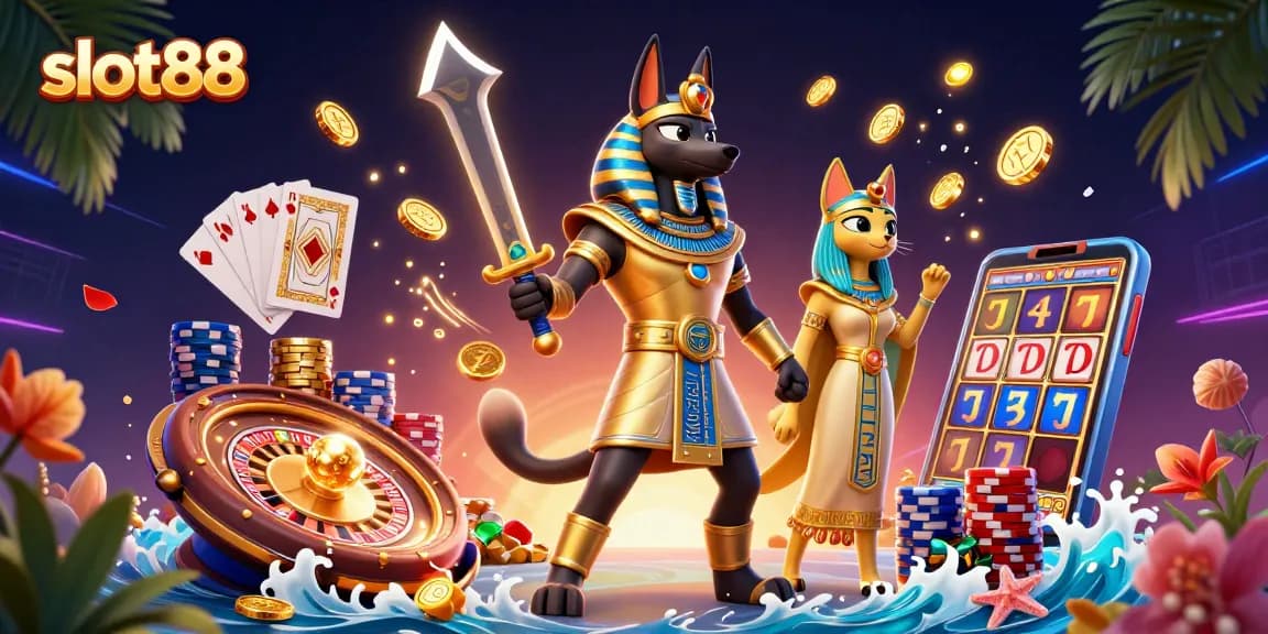 Experience slot88 excitement with Anubis and Bastet surrounded by dazzling casino elements.