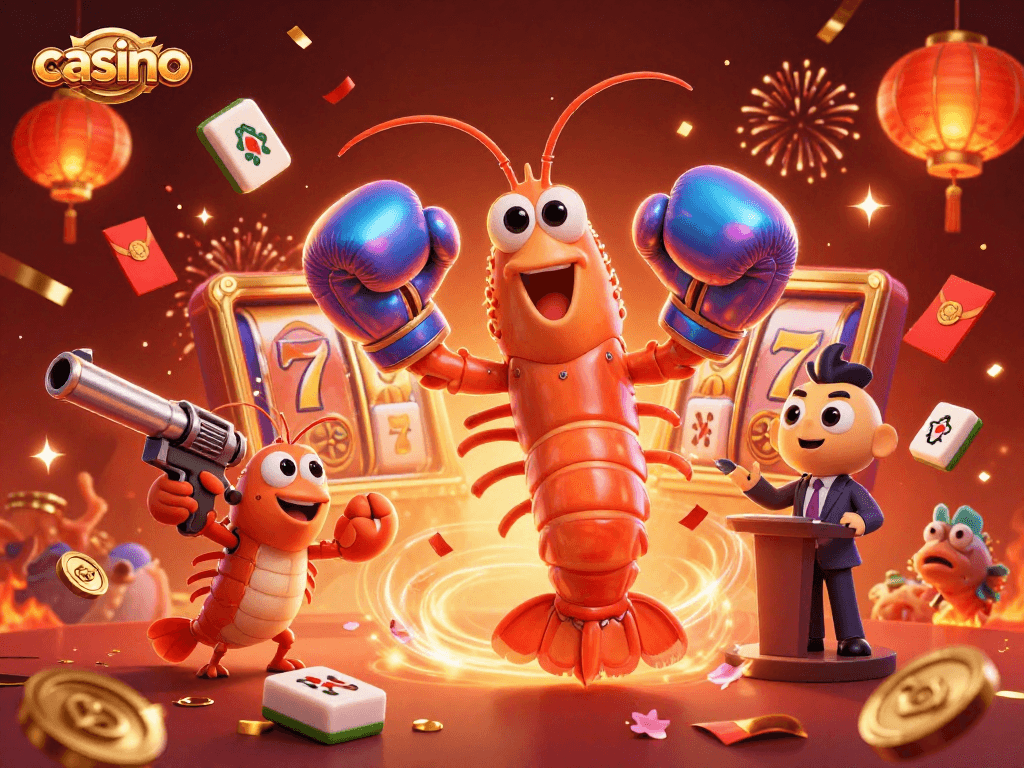 Engaging casino scene featuring a mantis shrimp and friends alongside vibrant slot reels and rich confetti.