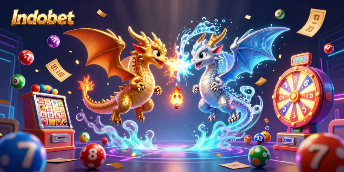 Indobet menghadirkan gambar ilustrasi kasino yang kaya dengan naga, simbol keberuntungan, dan bola lotere.