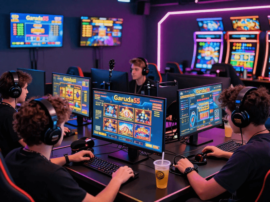 Exciting gaming scene at Garuda55 with players enjoying slot games.