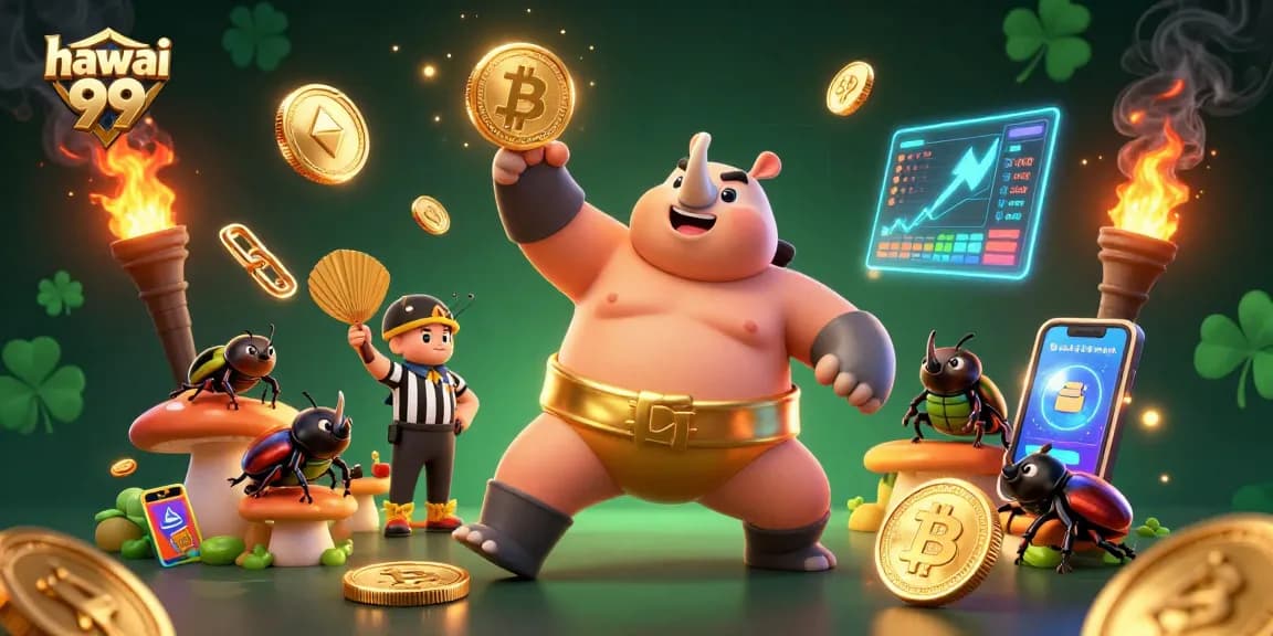 Experience vibrant gaming action with hawai 99 featuring sumo beetles and crypto coins flying.