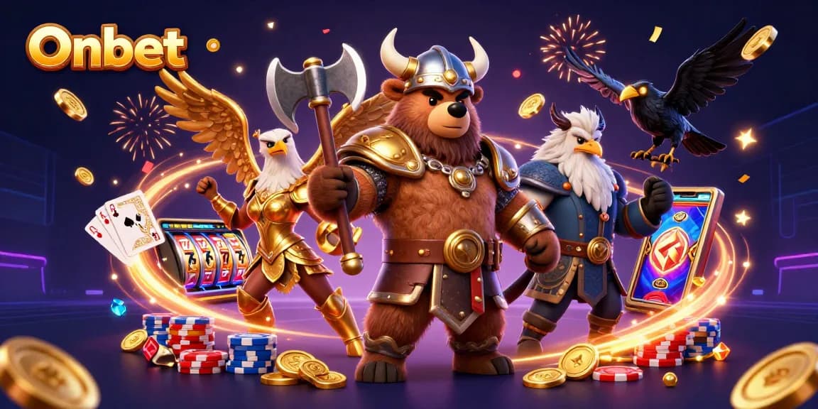 Spin the reels on Onbet with a dynamic scene of Viking bears and Valkyries amidst dazzling casino elements.
