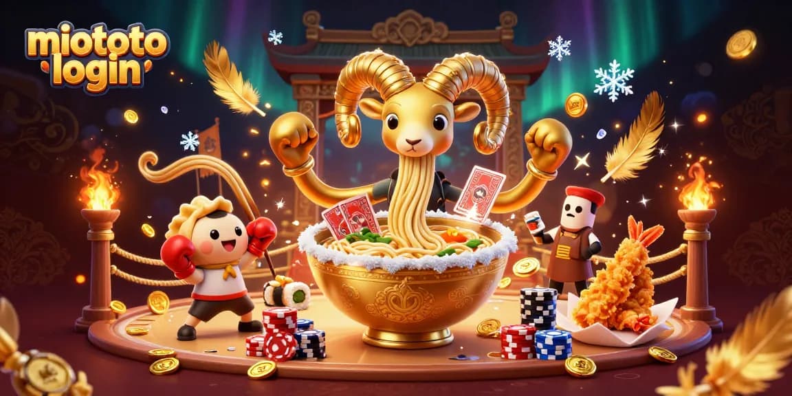 Engage with miototo login through a vibrant casino-themed illustration with playful characters.