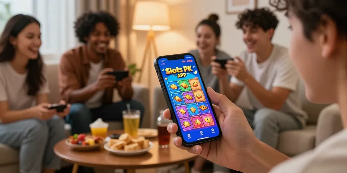 Exciting gaming moment with Slots PK APK interface shown on smartphone, highlighting multiplayer gameplay in an inviting environment.