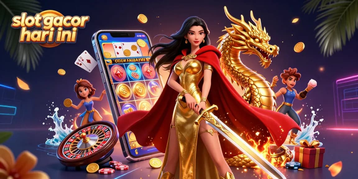 Engage with slot gacor hari ini through a vibrant 3D digital illustration showcasing a warrior queen amidst dynamic casino elements.