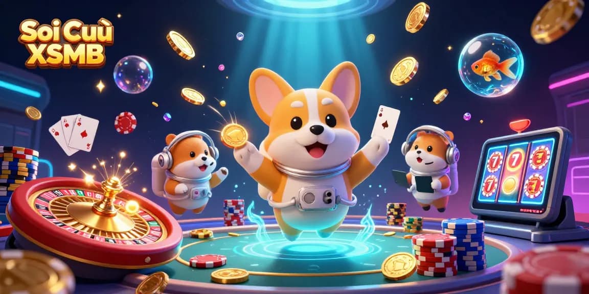 Soi Cầu XSMB illustrated scene with a 3D cartoon corgi in zero gravity amidst dazzling casino elements