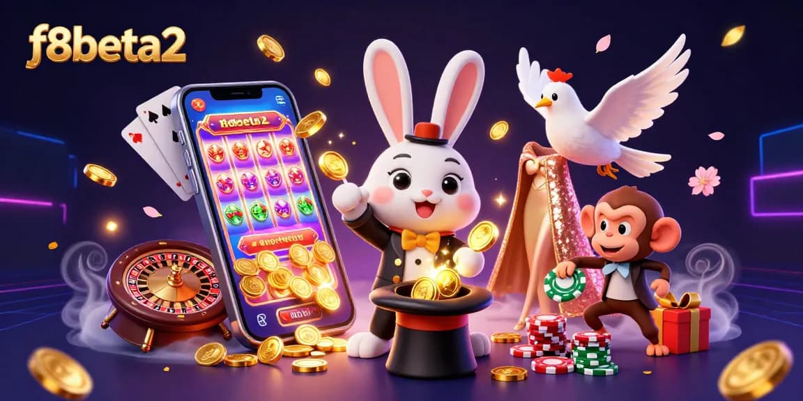 Experience the magic of f8beta2 with golden coins and poker chips in a dazzling casino scene.