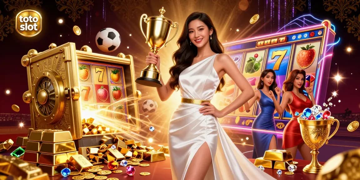 Toto slot showcases a victorious woman with a trophy and slot symbols in a winning casino scene full of gems.