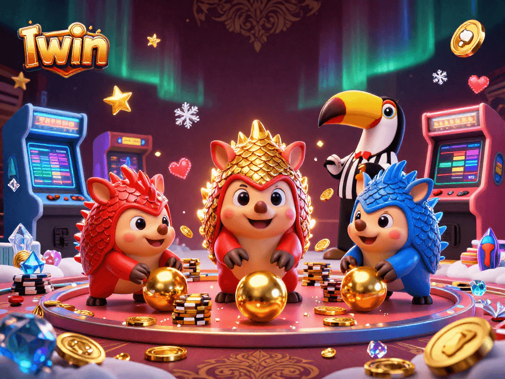 Iwin pangolins bowling through poker chips in a vibrant 3D casino scene
