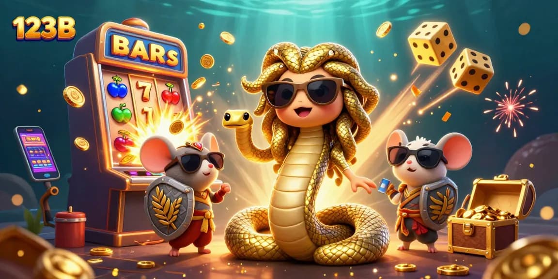 Engage with 123 B through captivating 3D casino illustration of Medusa and charming characters in action.